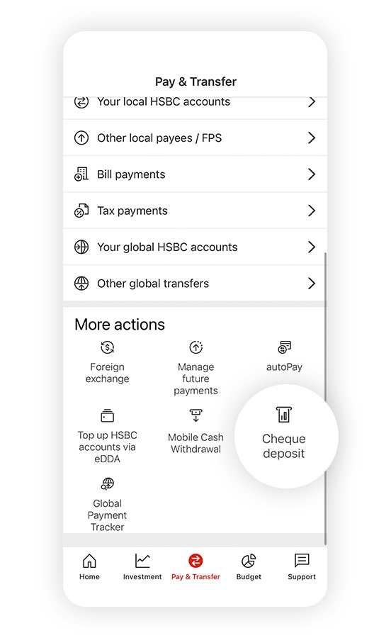 Screenshot of HSBC HK Mobile Banking App; Focus on the "Transfer & Bill Payment" and "Deposit Cheque" options.