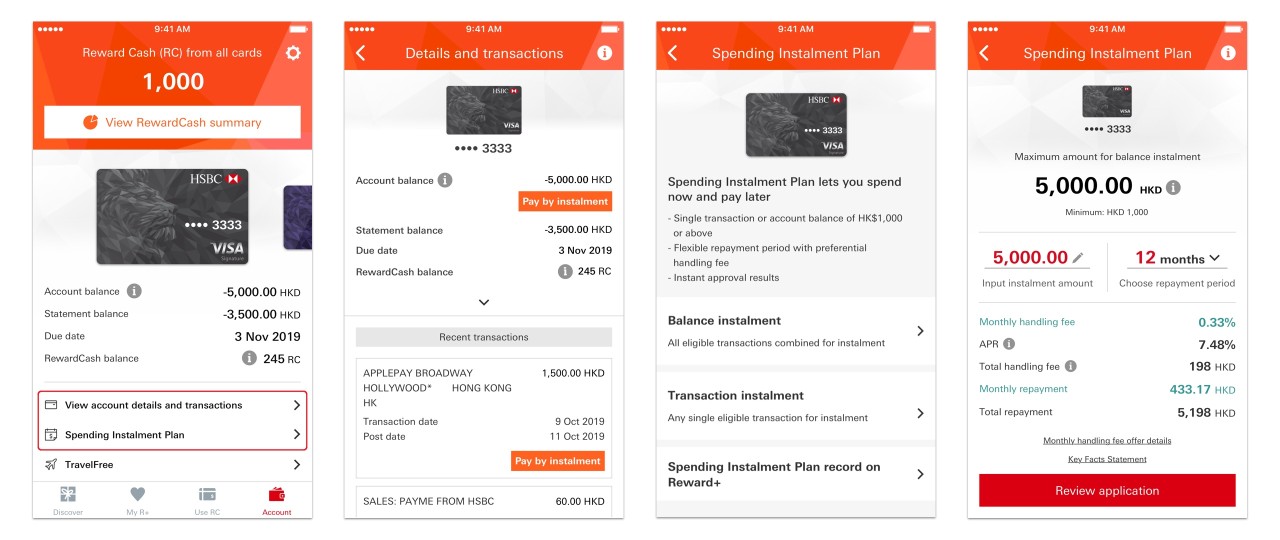 Cell phone monitors that show how to apply spending instalment plan through HSBC Reward+; image used for spending instalment application via HSBC Reward+.