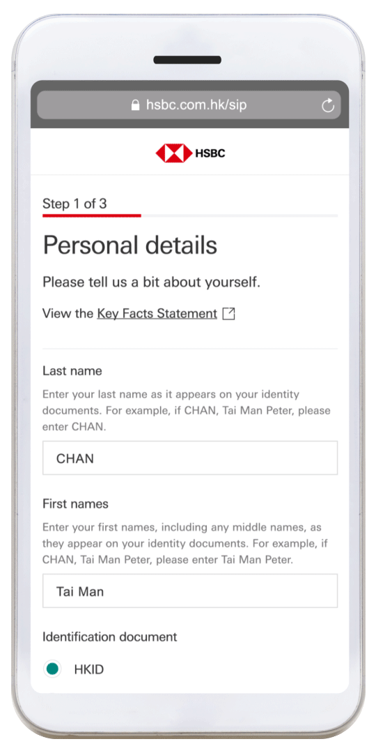 A cell phone monitor that shows how to apply spending instalment plan through HSBC HK mobile banking app; image used for spending instalment application via HSBC HK Mobile Banking app
