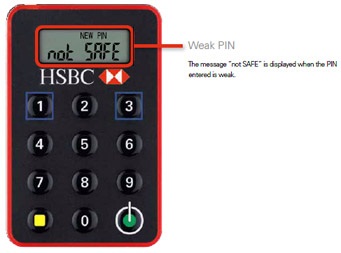NEW PIN not SAFE' on the HSBC PIN-protected device; image used for HSBC Online Banking Help.