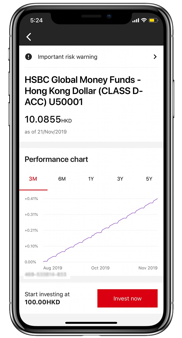 Interface of FlexInvest, showing the fund name and performance chart.
