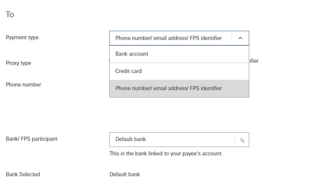 Select phone number or email address or FPS identifier as PFS payment type 