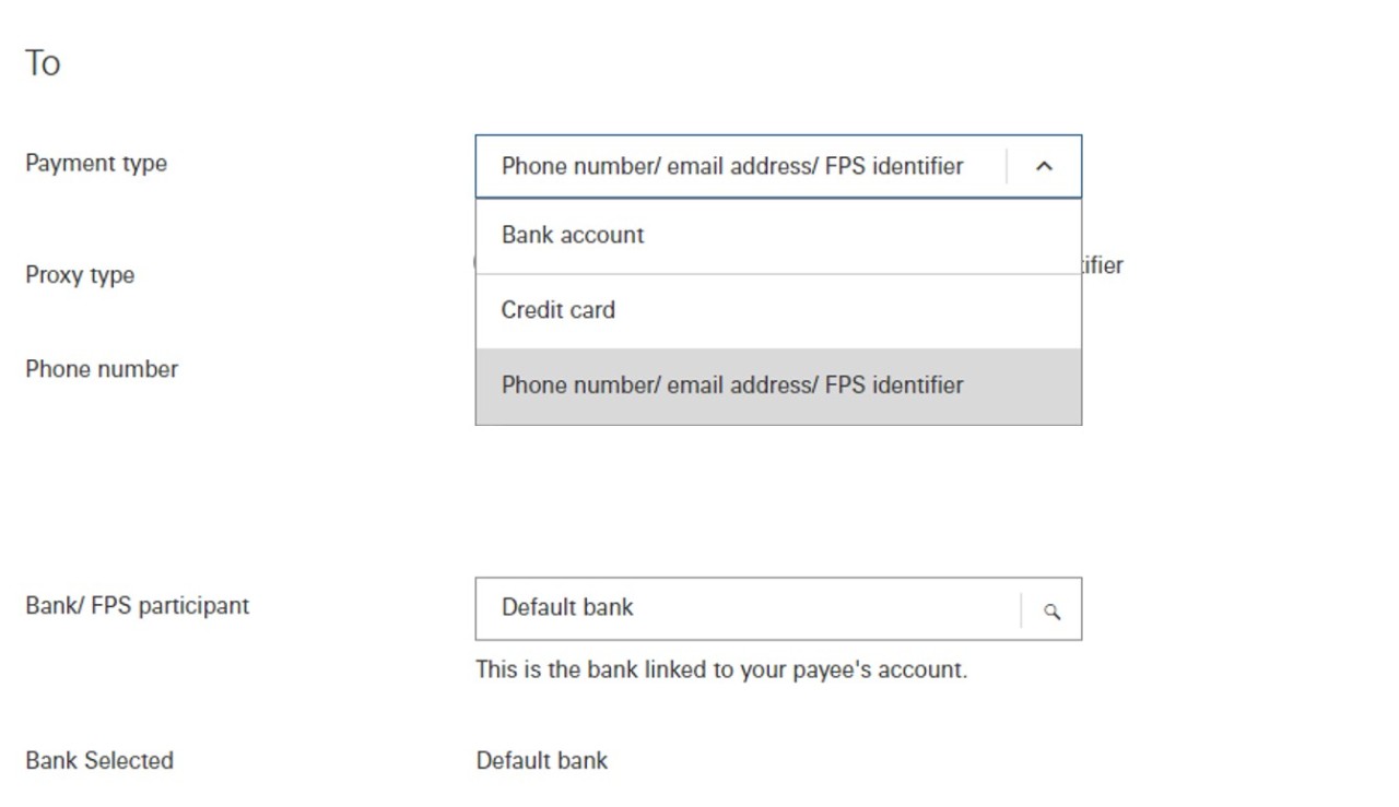 Select phone number or email address or FPS identifier as PFS payment type 