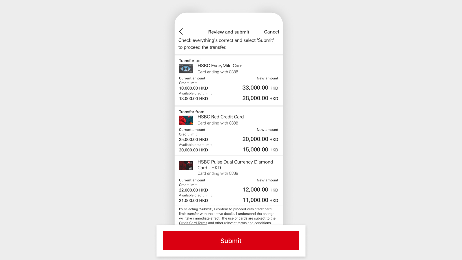 HSBC HK App screen with "Submit" button highlighted.
