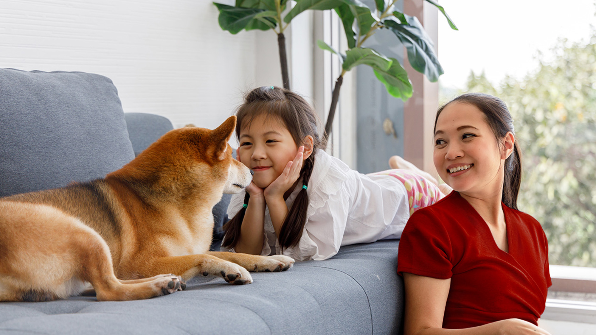 Little daughter helping mother folding family clothing; image used for HSBC Helper Insurance.