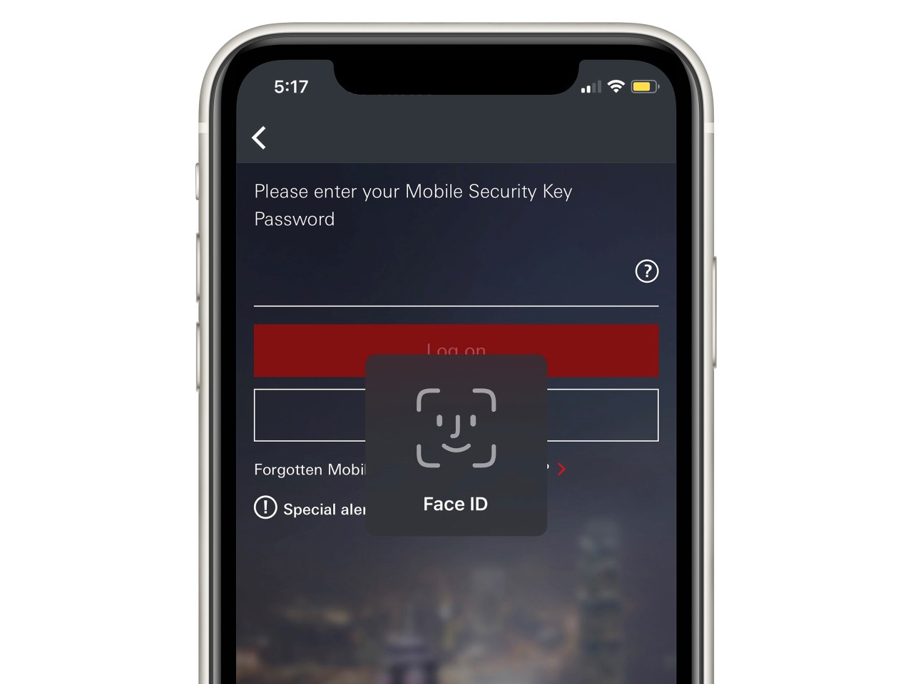 Screenshot of HSBC Easy Invest App; showing the logon screen with face-id function