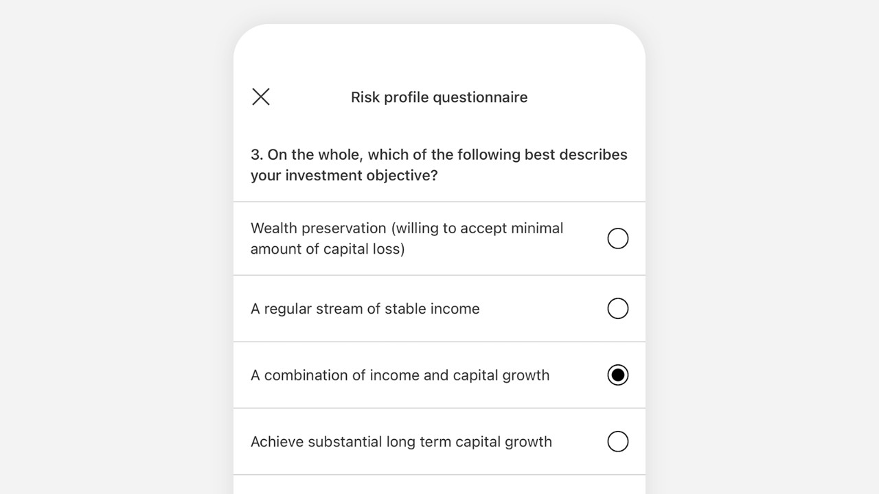 a screenshot of filling in risk profile questionnaire on mobile app