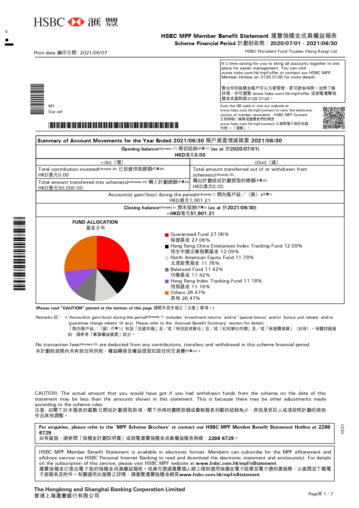 Front page 1 of Member Benefit Statement; image used for MPF.