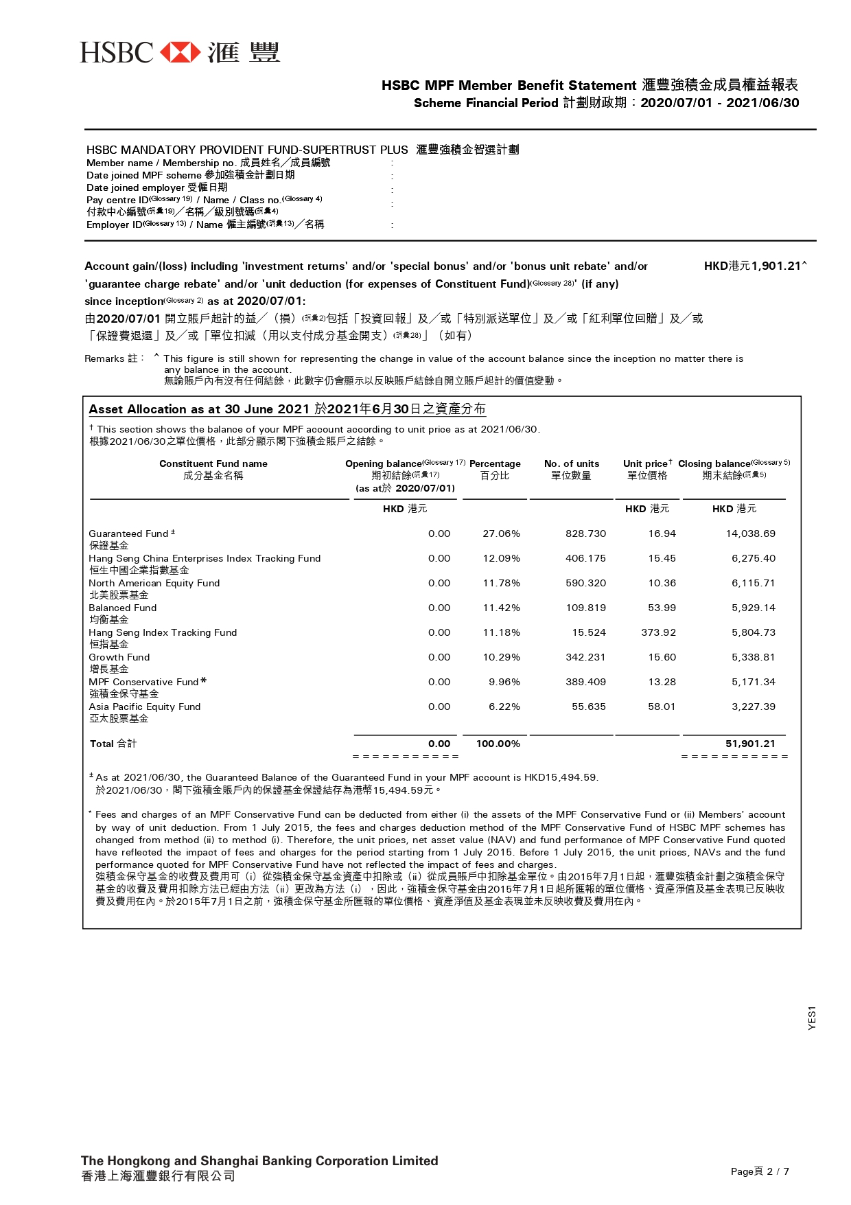Front page 2 of Member Benefit Statement; image used for MPF.