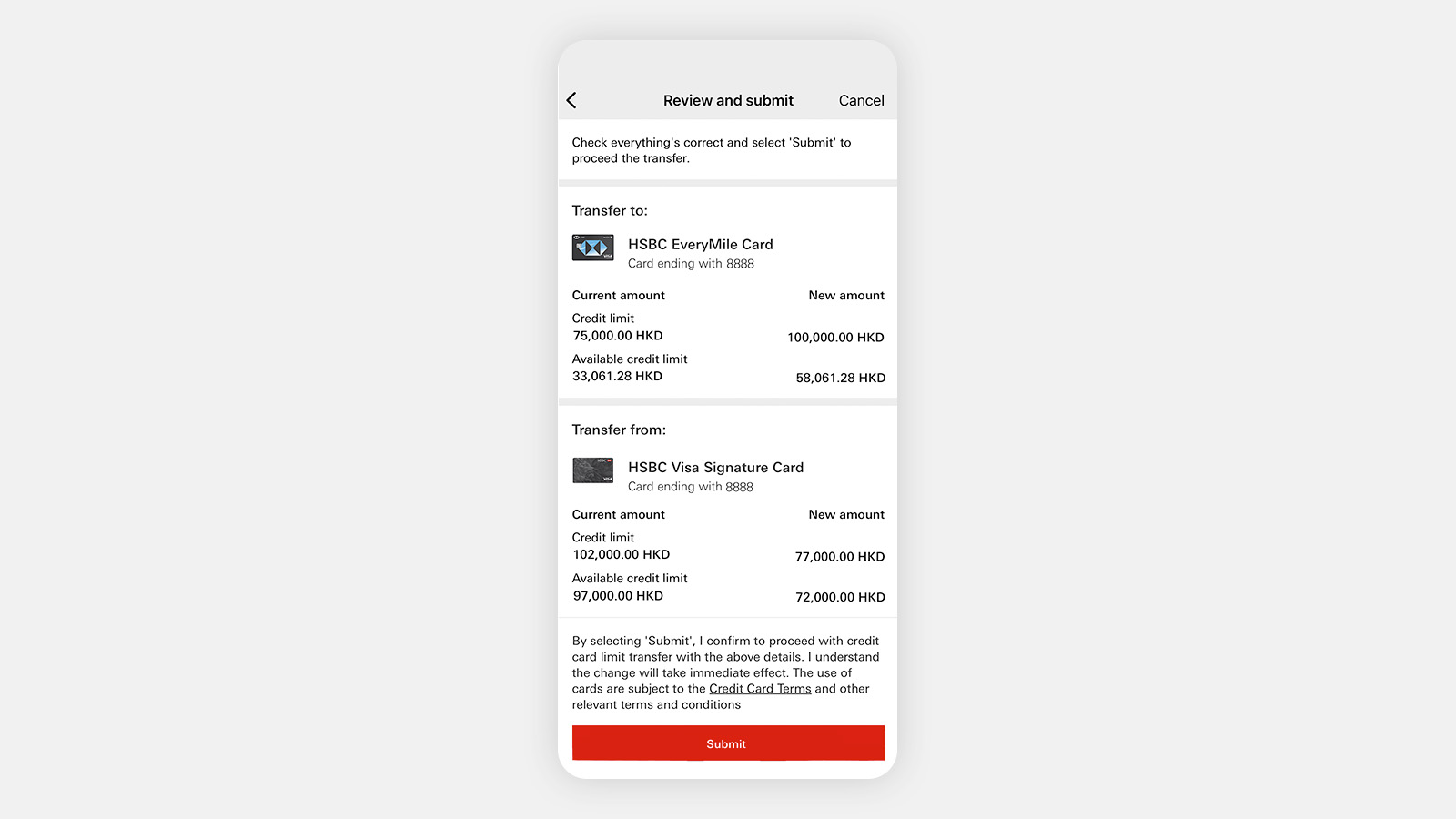 HSBC HK App screen with "Submit" button highlighted.
