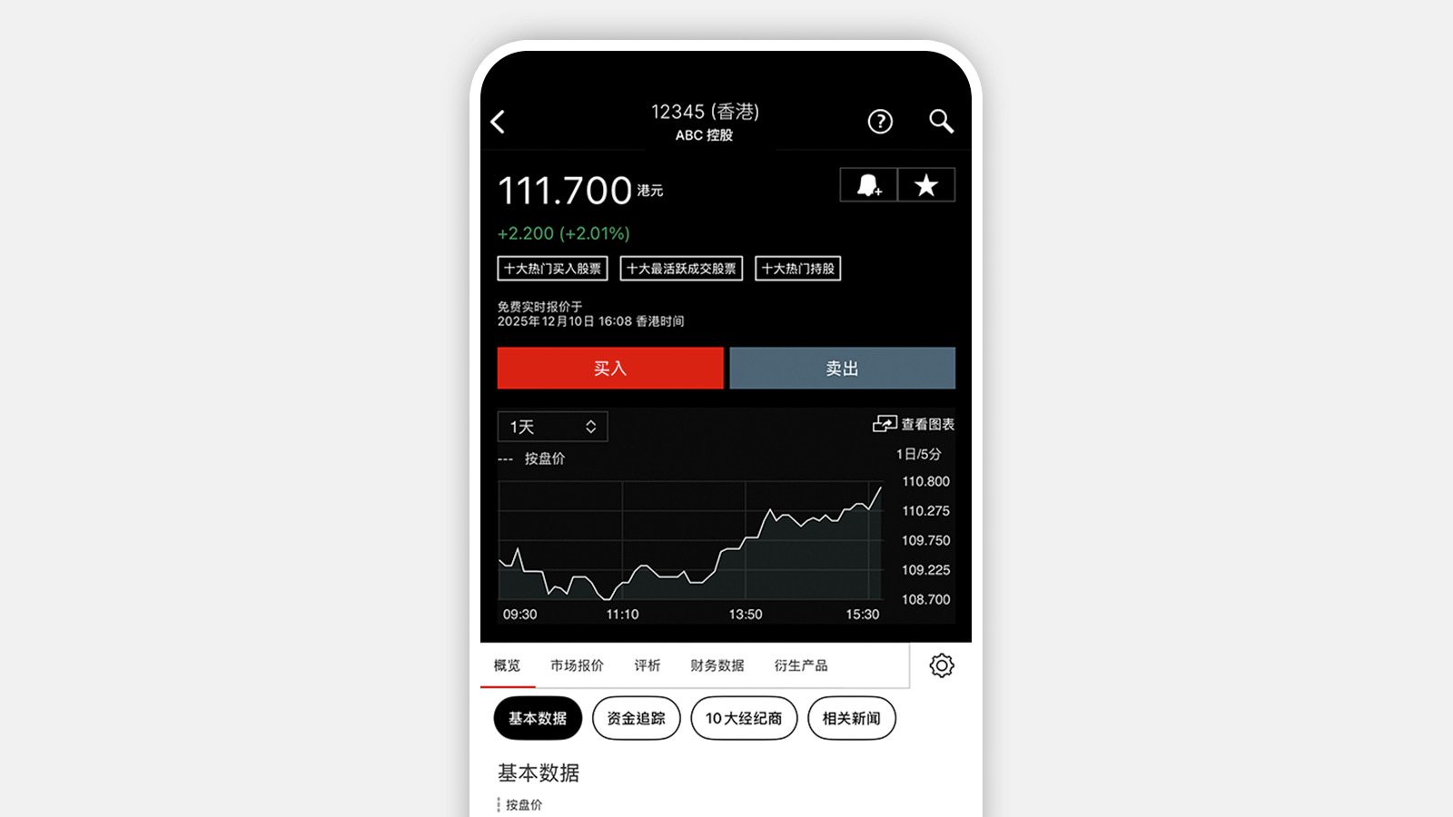 香港汇丰流动理财应用程序画面截图；显示股价图表