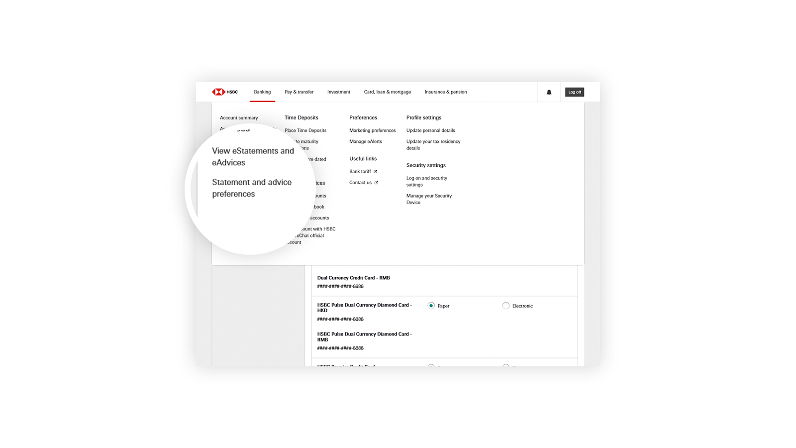 How to switch eStatements and eAdvice screen step 1; image used for HSBC eStatements page.