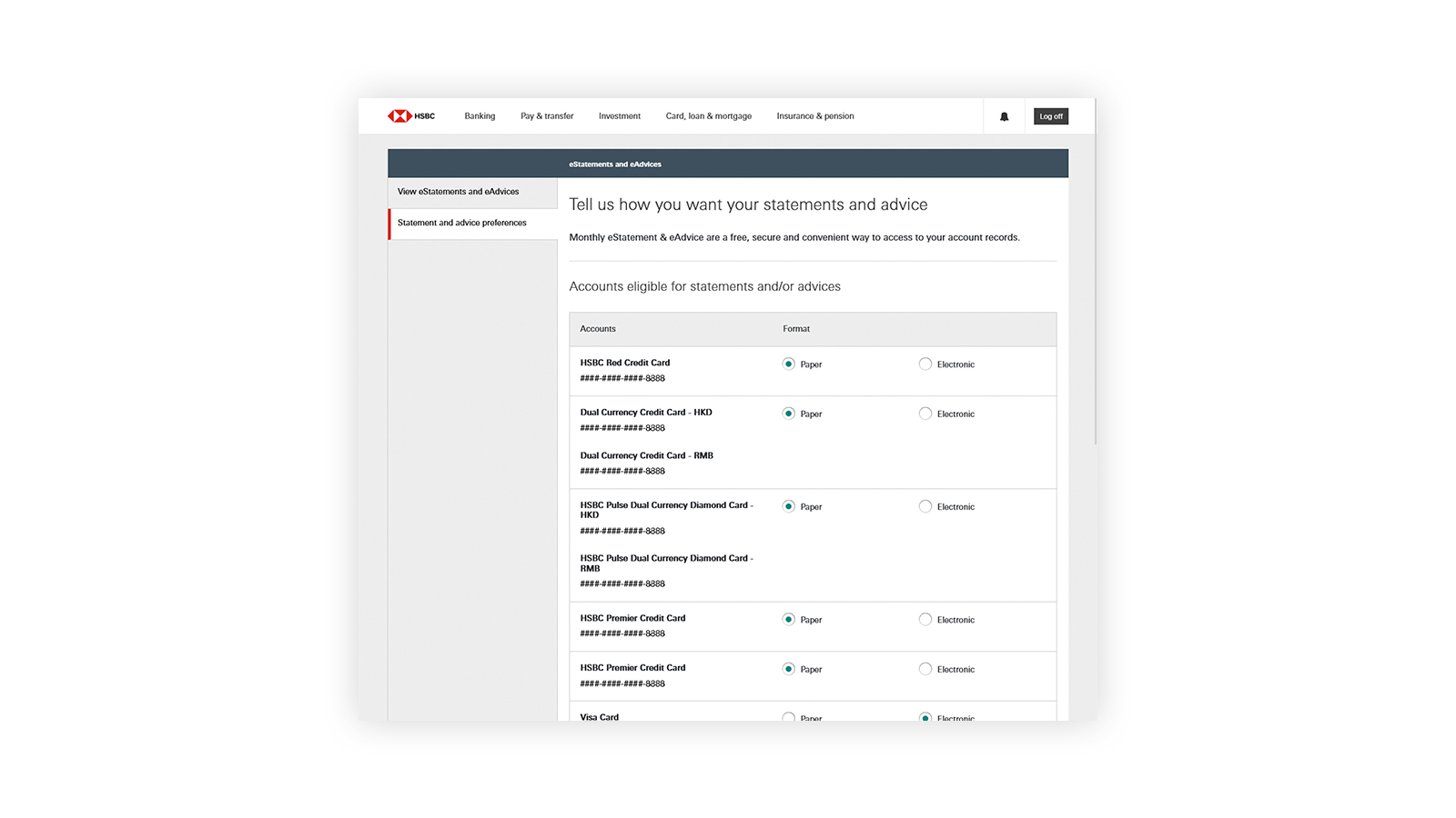 How to switch eStatements and eAdvice screen step 2; image used for HSBC eStatements page.