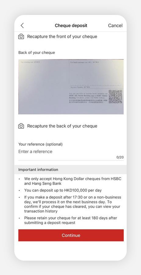 Screenshot of the HSBC HK mobile banking app; showing the Deposit Cheque page.