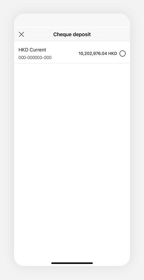 Screenshot of the HSBC HK mobile banking app; the page for selecting a deposit account is displayed.