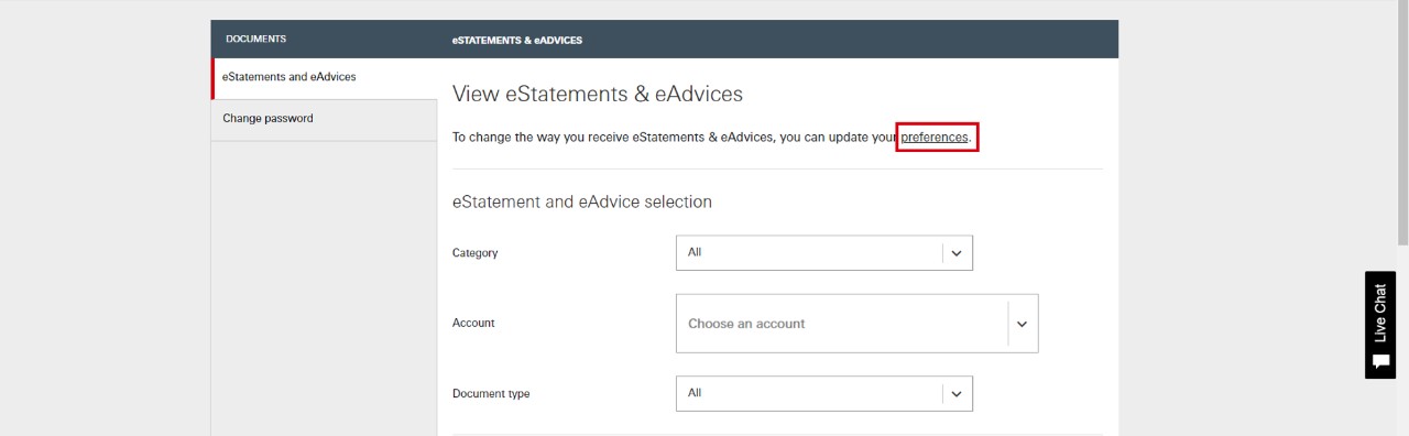 How to switch eStatements and eAdvice screen step 2; image used for HSBC eStatements page.