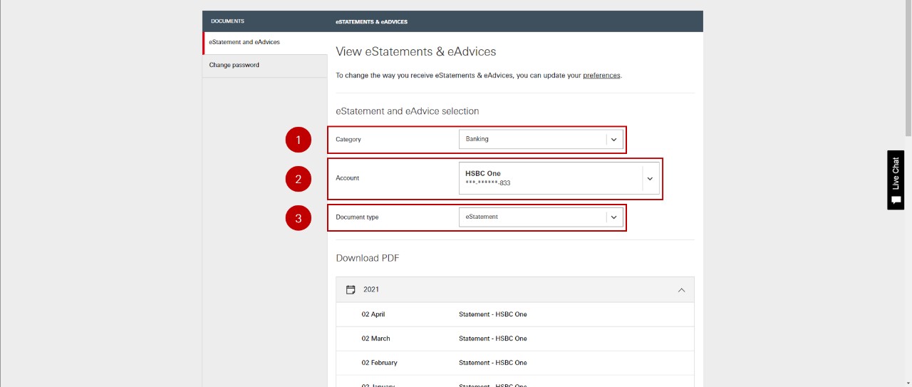 How to view your eStatements and eAdvice screen step 2; image used for HSBC eStatements page.