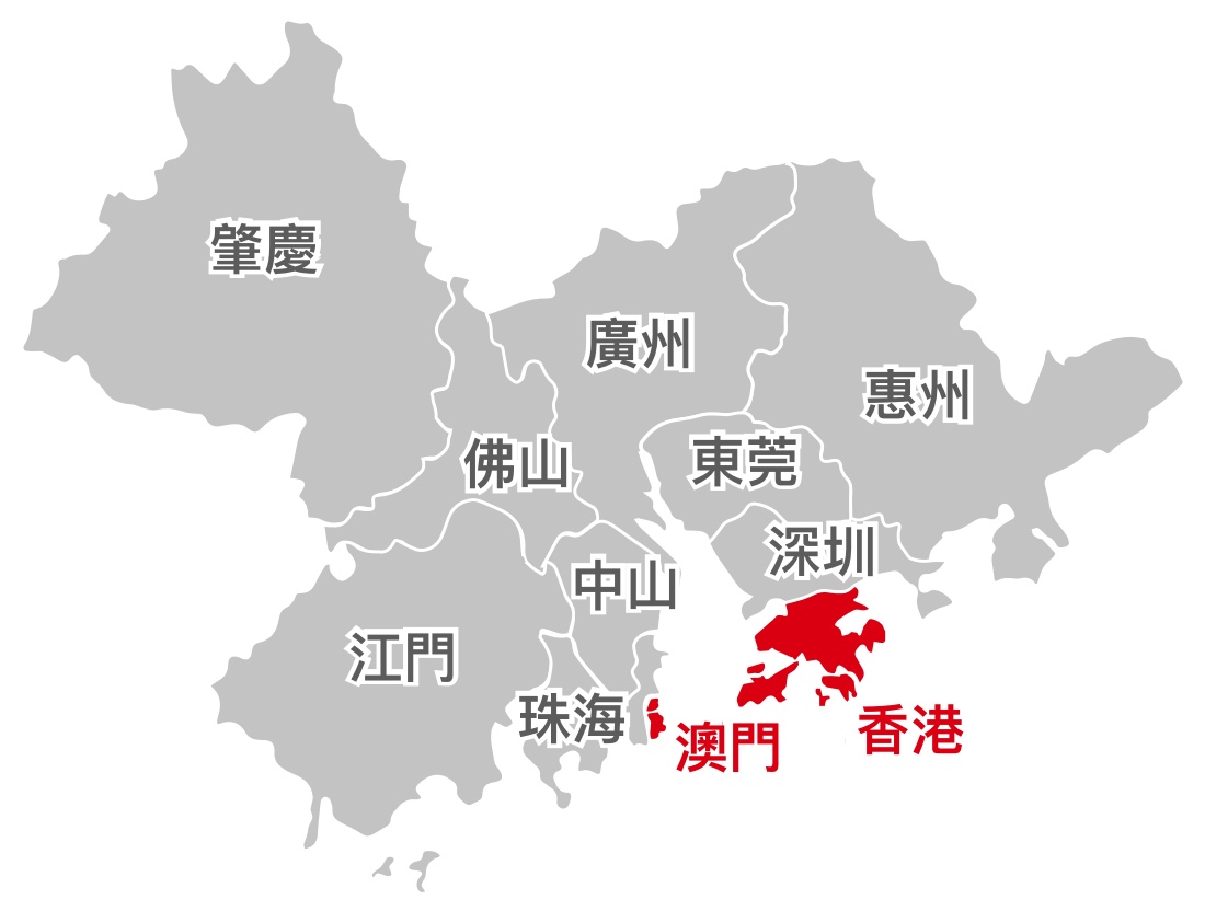 中國地圖顯示大灣區城市：肇慶、廣州、惠州、東莞、深圳、中山、珠海、江門