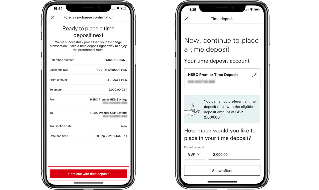two screenshots to show how to place a time deposit