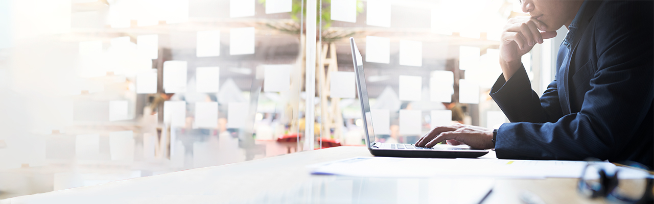 A handsome man is using his computer; image used MPF e-Services.