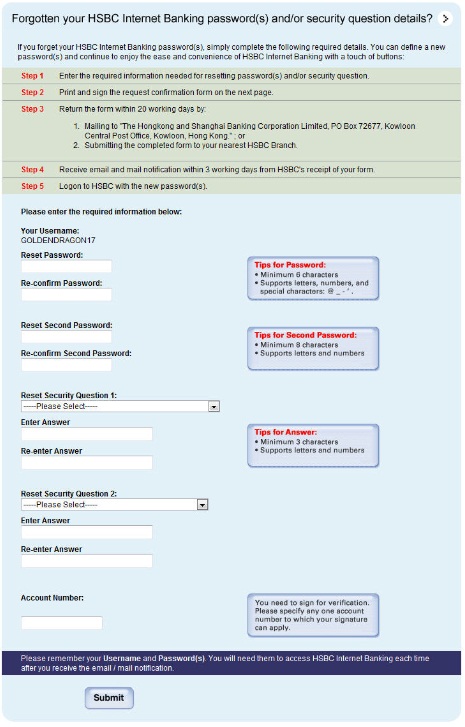 Fogotten your HSBC Internet Banking passord form; image used for HSBC Online Banking Help.