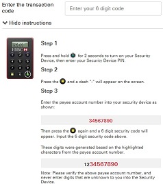 Make a transfer to a new payee token input screen; image used for HSBC Credit Cards.