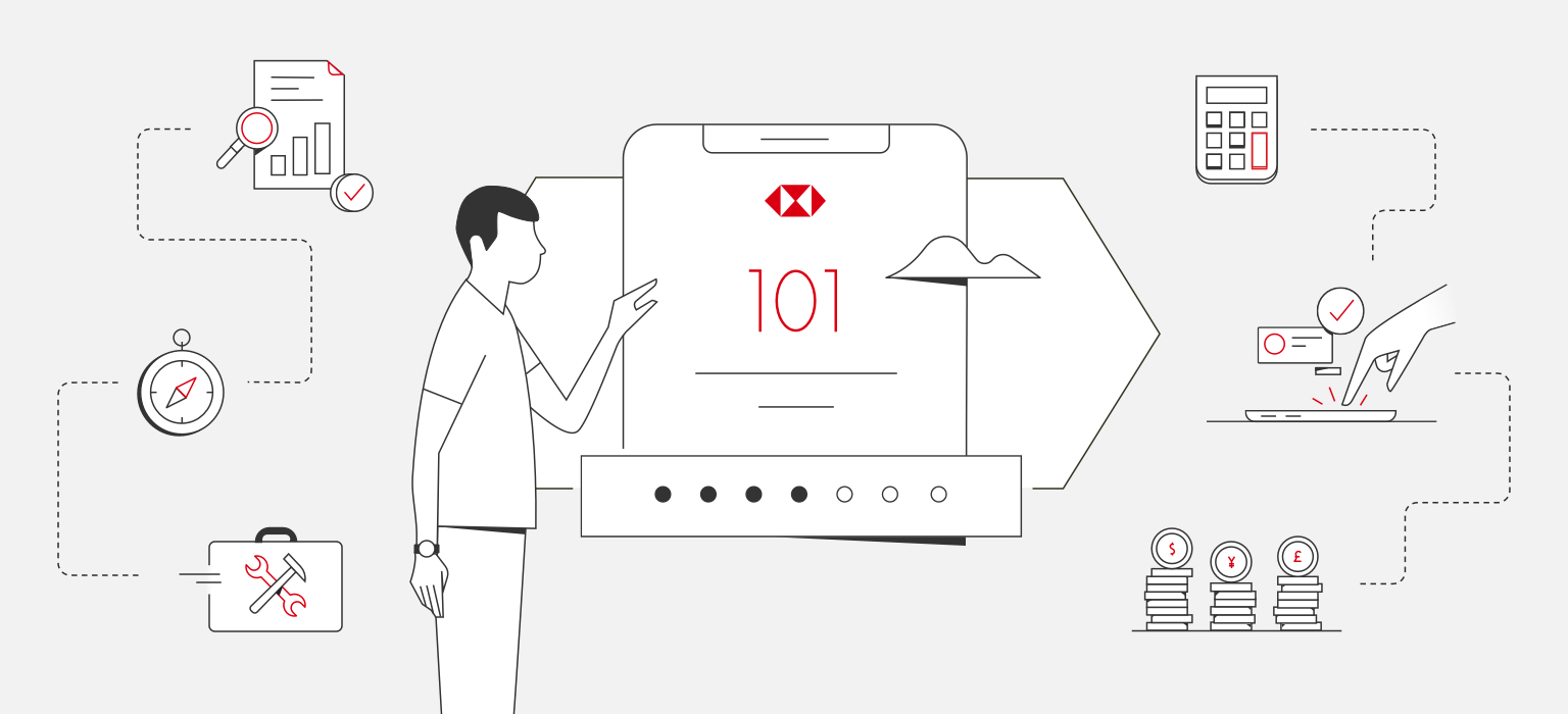 男士指著顯示數字「101」的螢幕插圖，其他為與銀行有關的圖像，如計算機、一堆金幣、公事包及環繞著男士和螢幕的指南針